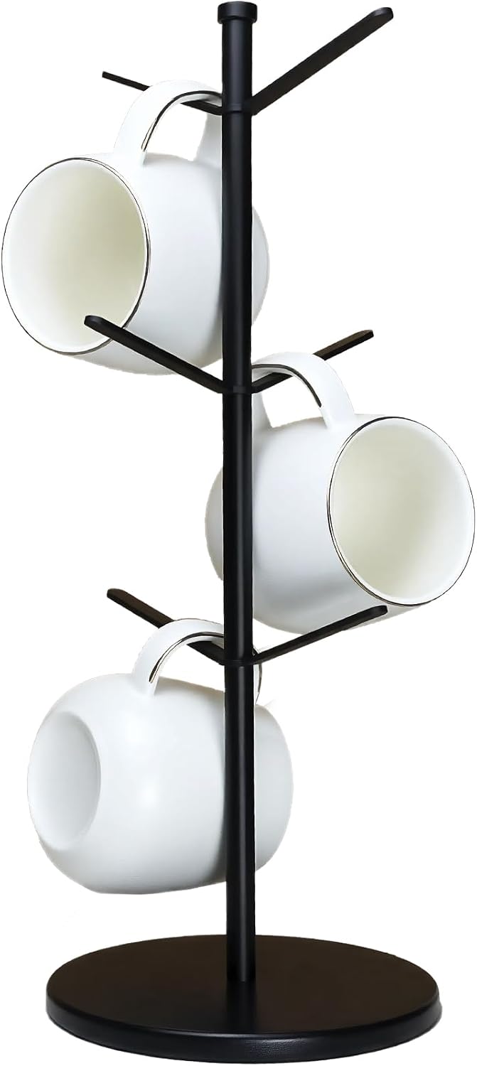 Black Metal Mug Tree with 6 Hooks and Bamboo Base