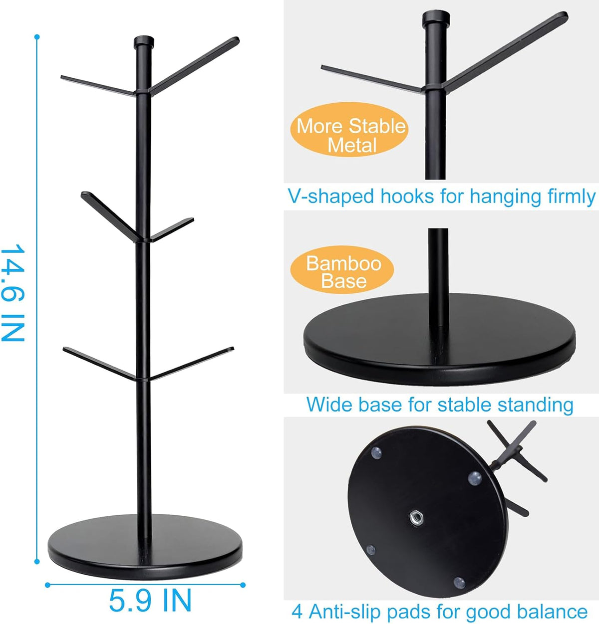 Black Metal Mug Tree with 6 Hooks and Bamboo Base