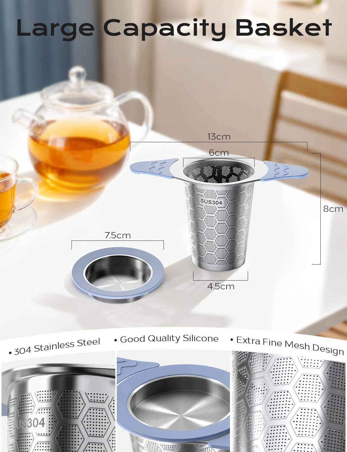 Fine-Mesh Stainless Steel Tea Infuser with Silicone Handles and Lid